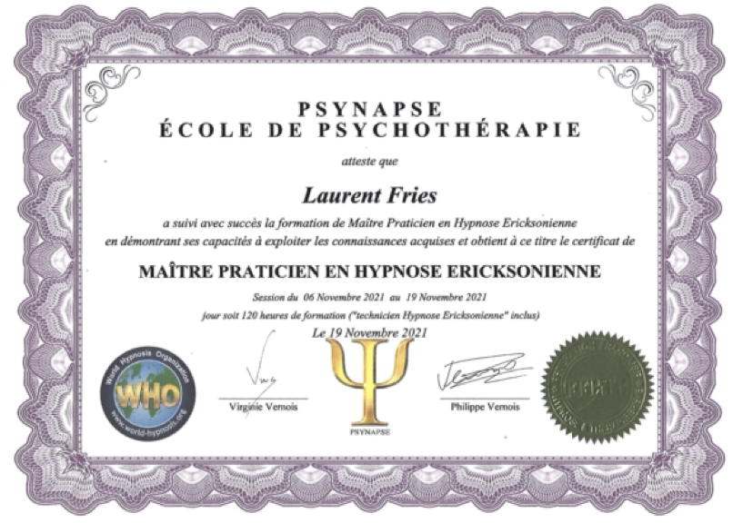 Diplome Maître Praticien Hypnose Ericksonienne